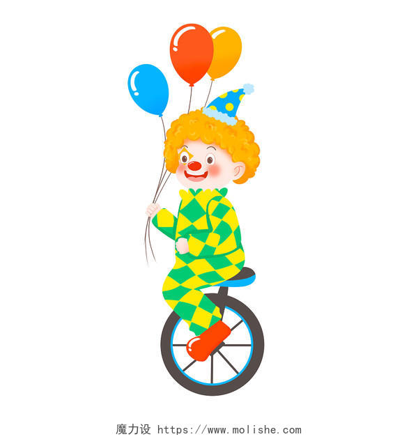 小丑独轮车扁平愚人节小丑元素骑车搞笑搞怪气球PNG素材